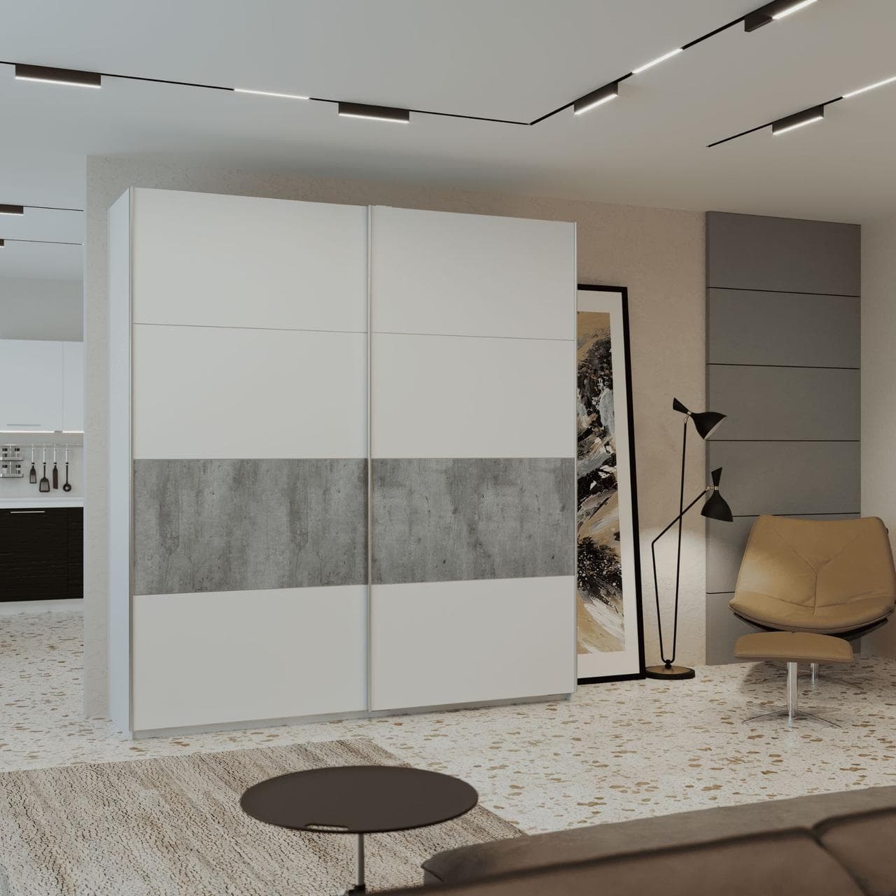 Шафа купе Doros G-Caiser Білий / Білий вставка Бетон 2 ДСП / 4 частини 220х60х240 (42003004)