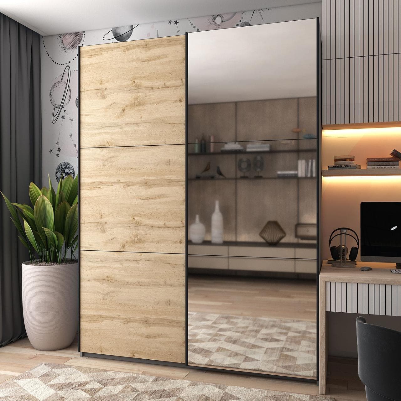 Шкаф купе Doros G-Caiser Графіт / Дуб Евок 1 ДСП / 1 дзеркало / 3 частини 180х60х240 (42005013)