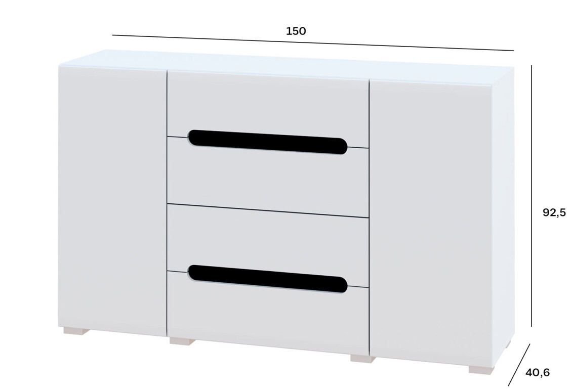 Комод Бянко 2-дверний з 4 шухлядами 150 см, Білий з чорною вставкою 4