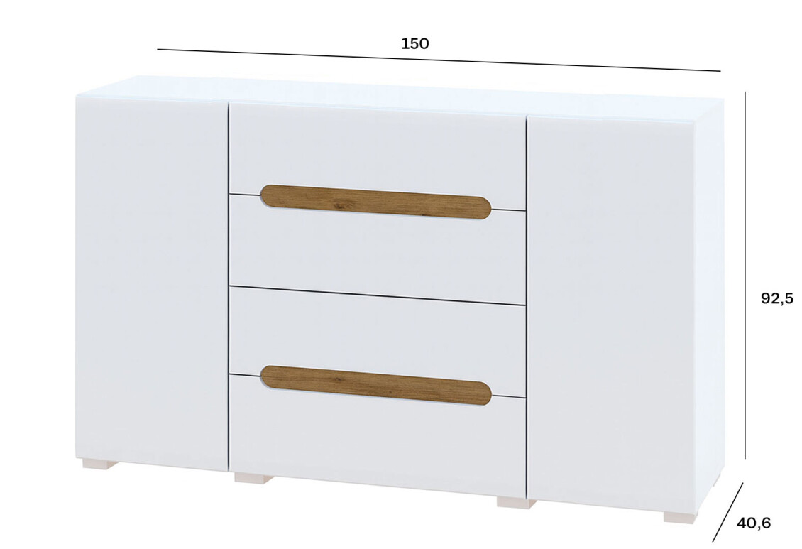 Комод Бянко 2-дверний з 4 шухлядами 150 см, Білий з вставкою дуб аппалачі 4