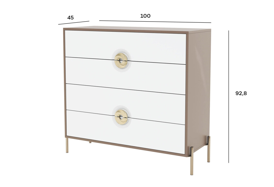 Комод Фуріоза з 4 шухлядами 100 см, Глиняний сірий, лак / Білий шовк 4
